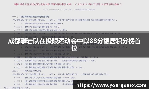 成都攀岩队在极限运动会中以88分稳居积分榜首位